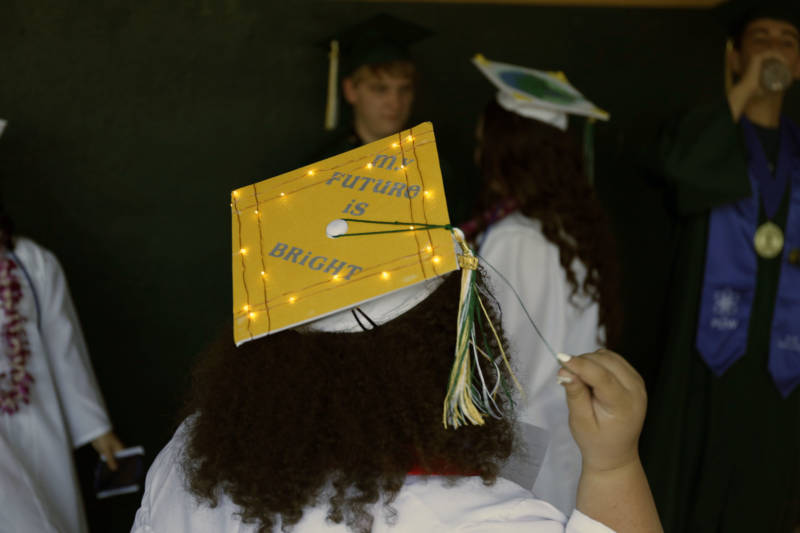 Sofia DiBenedetto’s father decorated her cap with LED lights. She plans to attend Butte College for two years before transferring to another school later.