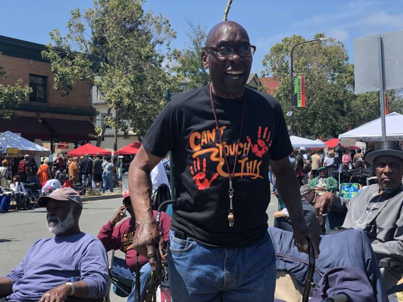 Frank Bodden aka Papa Smurf has been a regular at Berkeley Juneteenth for 20 years. He remembers his youth traveling up and down Adeline Street. 'The black population in the Bay Area is getting smaller, but we're like roaches — we know how to survive.'