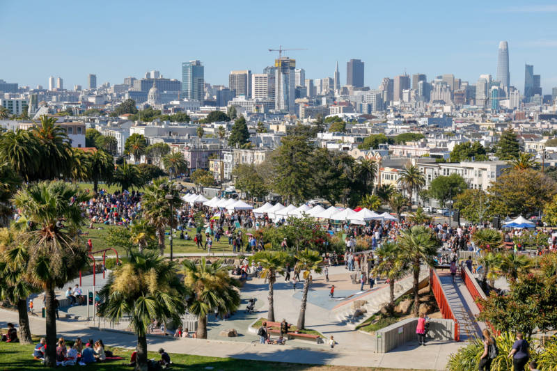 Hundreds gathered in Dolores Park for a day of Trans March festivities before being joined by more people for an evening march through the city.