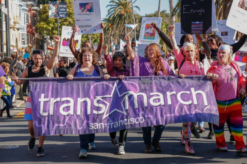 The first line of marchers in the 2019 Trans March lead the way down Market Street. The Trans March has taken place on the Friday of Pride weekend since 2004.