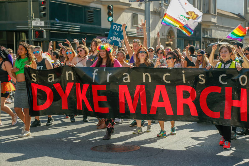 The first line of marchers for San Francisco's 2019 Dyke March lead the way from Dolores Park on June 29, 2019.