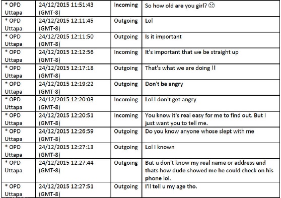 Text messages between Oakland police Officer Warit Uttapa (incoming) and Celeste Guap (outgoing), in which Uttapa pressed Guap for her age before meeting her for sex, according to internal affairs investigative reports.
