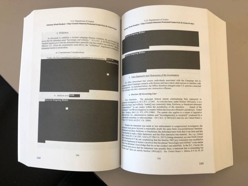 One of the many redacted sections of the Mueller Report.