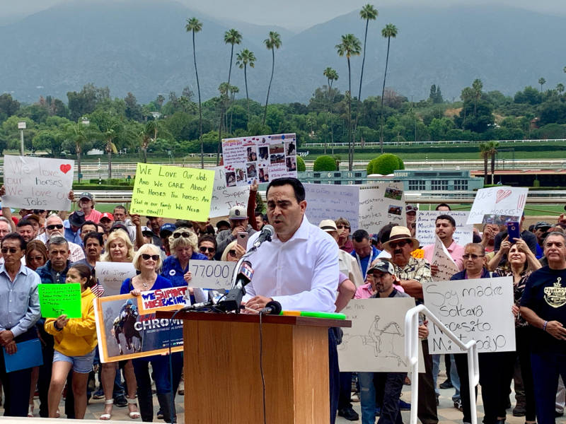 Oscar de la Torre, spokesman for workers at Santa Anita Park, speaks on June 20, 2019.