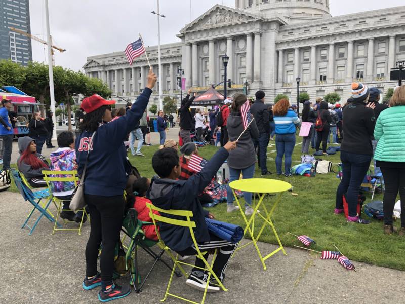 U.S. fans celebrate the women's soccer team fourth World Cup at Civic Center Plaza in San Francisco on July 7, 2019.