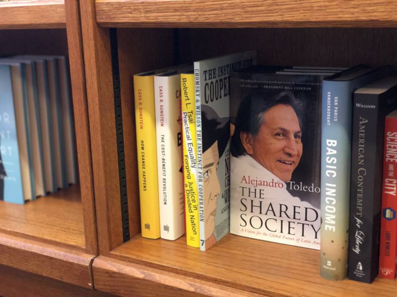 Toledo's 2015 book, "The Shared Society," still on display at the Stanford Library on July 18, days after the ex-president's arrest. 