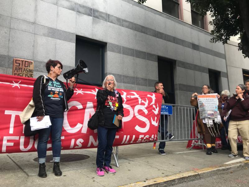 Japanese internment camp survivor Chizu Omori speaks on the parallels between the internment of Japanese Americans during World War Two and the detention of migrants today during the August 1, 2019 protests outside of the ICE building in San Francisco.