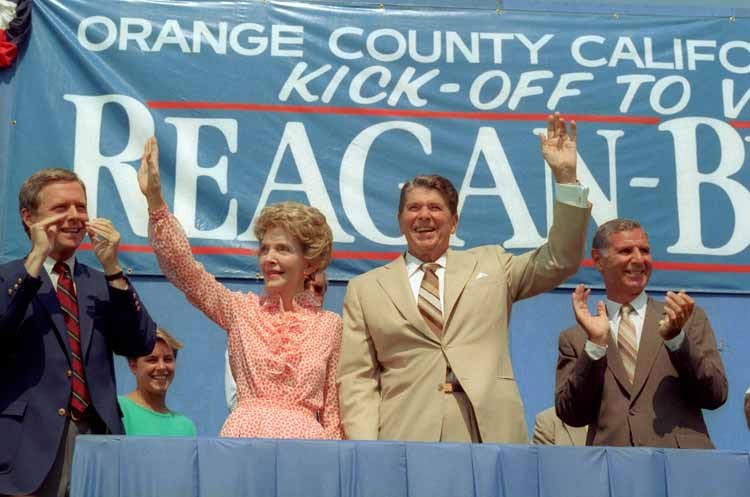 President Ronald Reagan and First Lady Nancy Reagan in 1984 in Orange County. Reagan liked to say that Orange County was “where the good Republicans go to die.”