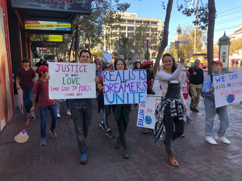 Seth Dunn, Sarah Jornsay-Silverberg, and Michela Fitten at the Global Climate Strike in downtown San Francisco on Sept. 20, 2019.