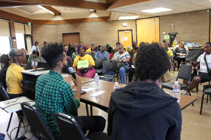 A panel featuring Darleen Flynn of the City of Oakland’s Department of Race & Equity, Chanee Franklin Minor of the City of Oakland’s Rent Adjustment Program, and Zachary Murray of the Oakland Community Land Trust discuss housing affordability and community land ownership at a Black Tenants Union meeting put on by ACCE in September 2019.
