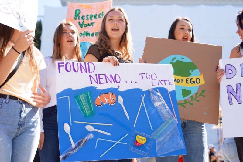 In Sacramento, a student holds a sign reading, "Found Nemo ... too late," during a global climate strike on Sept. 20, 2019.