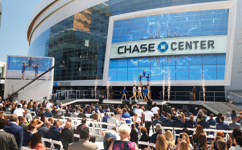 Following the ribbon cutting ceremony, performers take to the stage to celebrate the opening of the Warriors’ Chase Center in Mission Bay in San Francisco, Sept. 3, 2019.