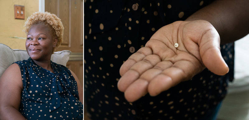 A photo of Bridget Desmukes, next to a photo of her hand, holding a baby aspirin. 
