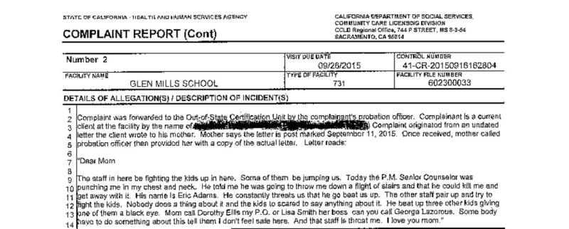 An excerpt from investigatory records provided by the California Department of Social Services quoting a September 2015 letter a San Francisco boy housed at the Glen Mills Schools in Pennsylvania wrote alleging abuse at the hands of staff.