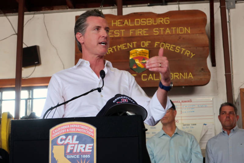 California Gov. Gavin Newsom holds a press conference at the Cal Fire Healdsburg station in Sonoma County on Oct. 25, 2019. He declared a state of emergency in Sonoma and Los Angeles counties earlier in the day.