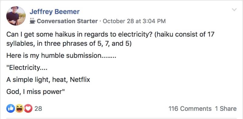 Gold Country resident Jeffrey Beemer wanted his neighbors to have a way to "blow off steam with a smile" by asking for haiku about the PG&E power shutoffs in October. And boy did they deliver.