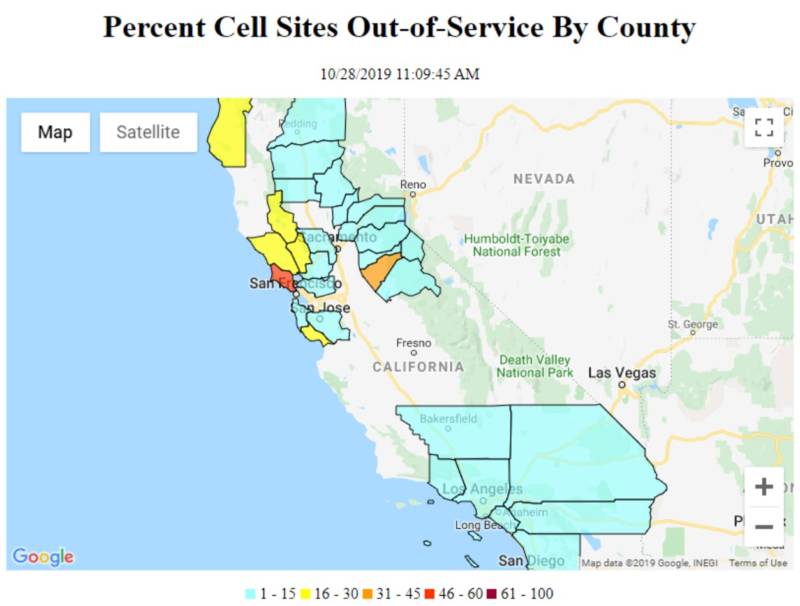 A screenshot of the cell site outages on Monday, Oct. 28, 2019, in California according to data voluntary provided by telecoms companies to the Federal Communications Commission.