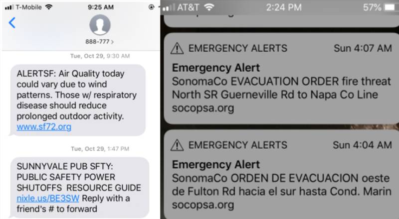 Screenshots of emergency notifications during the PG&E power shutoffs.