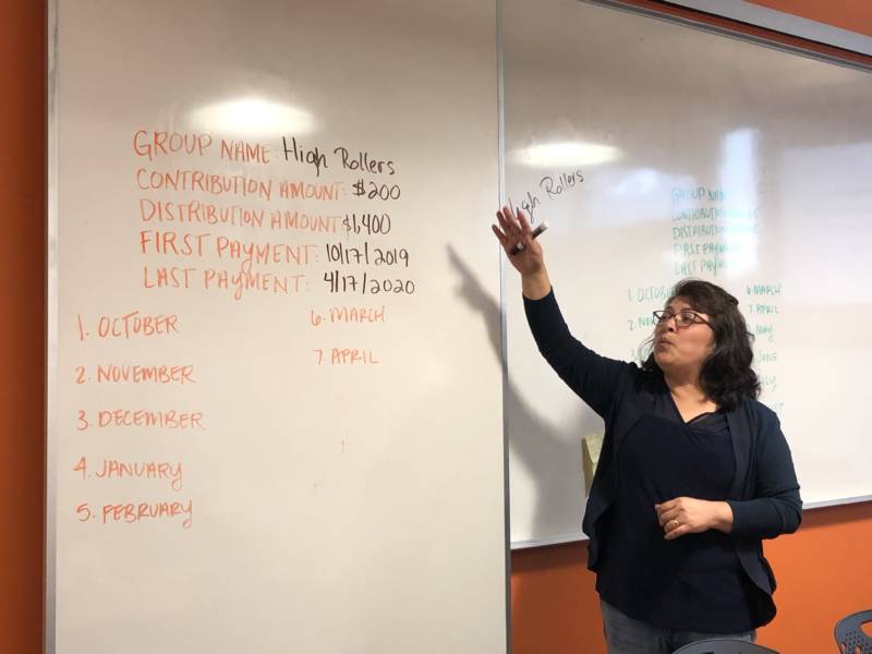 Doris Vasquez with Mission Asset Fund explains how a lending circle will work with seven participants on Sept. 17, 2019.