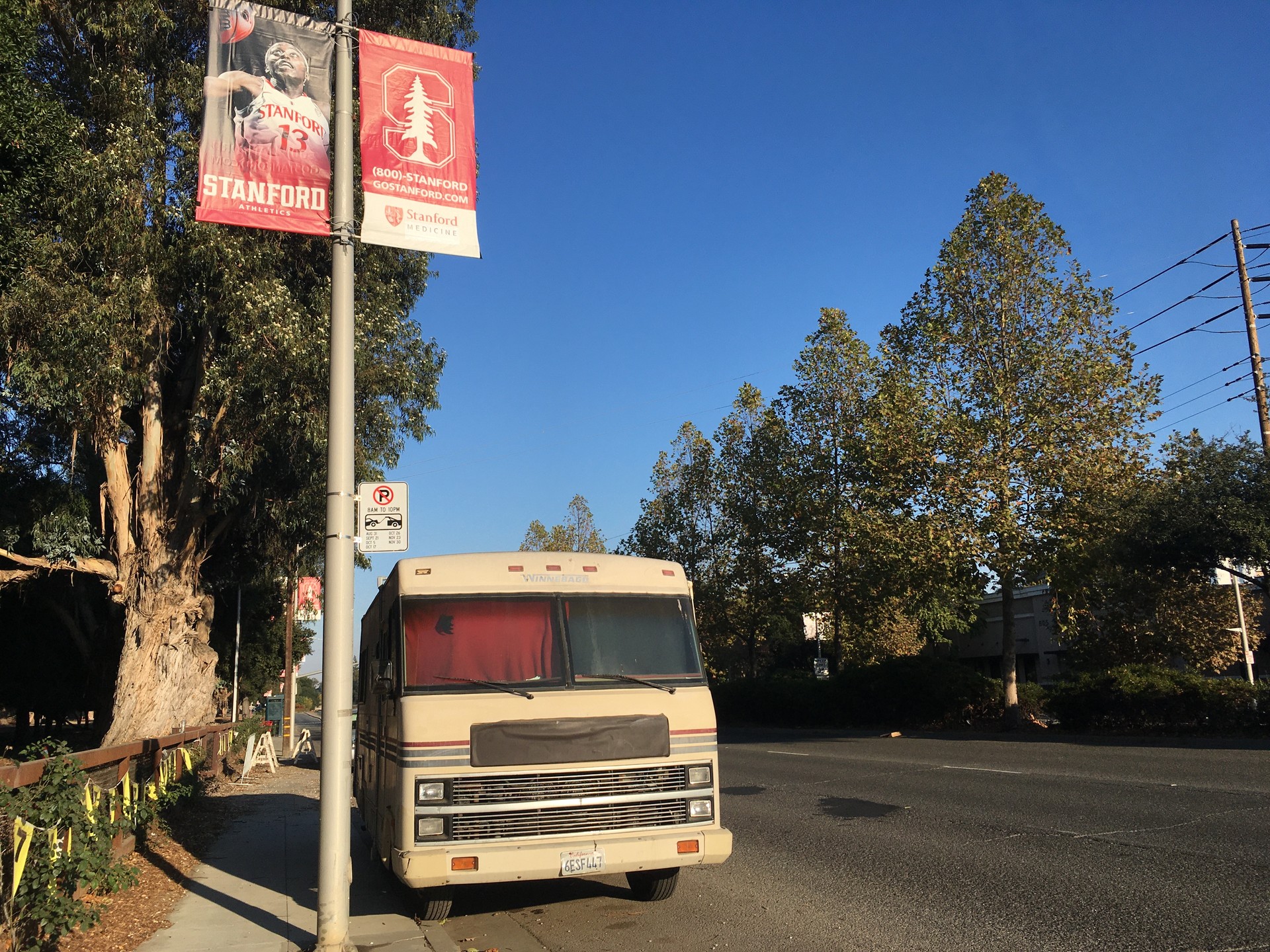 El Camino Real, on the border of the Stanford University campus, has been home for years to an ever shifting collection of RVs where construction workers and local homeless people live — a reflection of the local housing crisis.