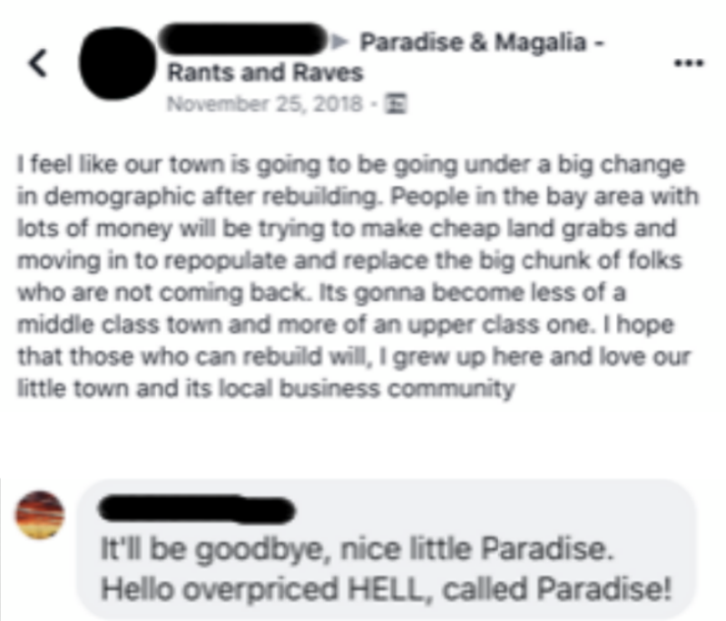 After the fire, residents posted their concerns on Facebook that the town would be bought up by out-of-town developers.