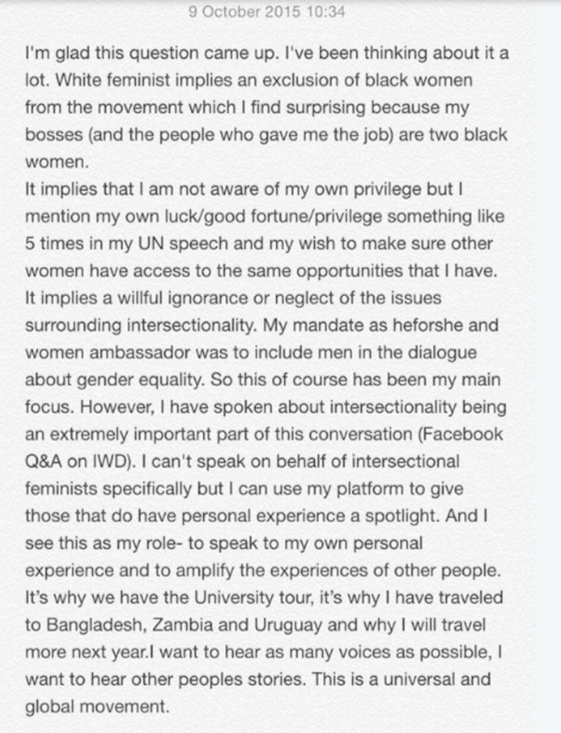 Watson's response to charges of not being intersectional enough