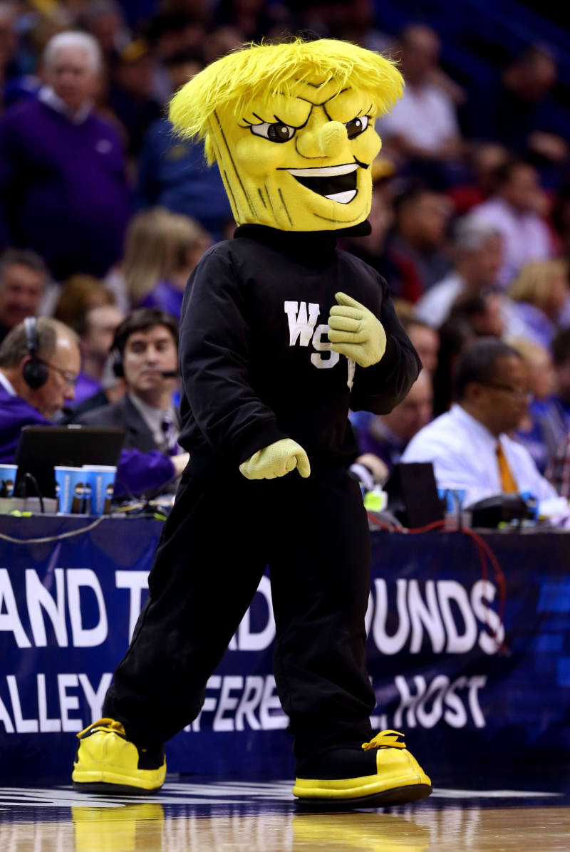The Wichita State Shockers mascot, WuShock, at the 2014 NCAA Men's Basketball Tournament against the Cal Poly Mustangs, St Louis, Missouri. 