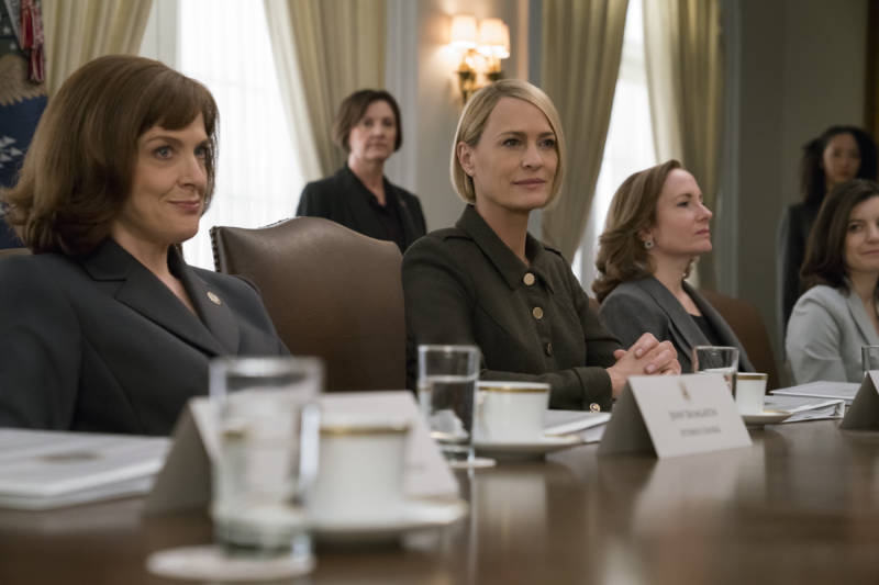 Robin Wright's character Claire Underwood (center) ascends to the presidency in the final season of 'House of Cards'.