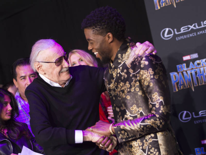 Stan Lee and actor Chadwick Boseman attend the world premiere of ‘Black Panther.’