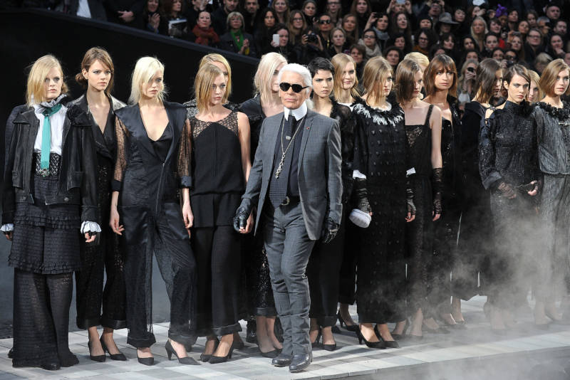Karl Lagerfeld and models walk the runway during the Chanel Ready to Wear Autumn/Winter 2011/2012 show during Paris Fashion Week at Grand Palais on March 8, 2011 in Paris, France.