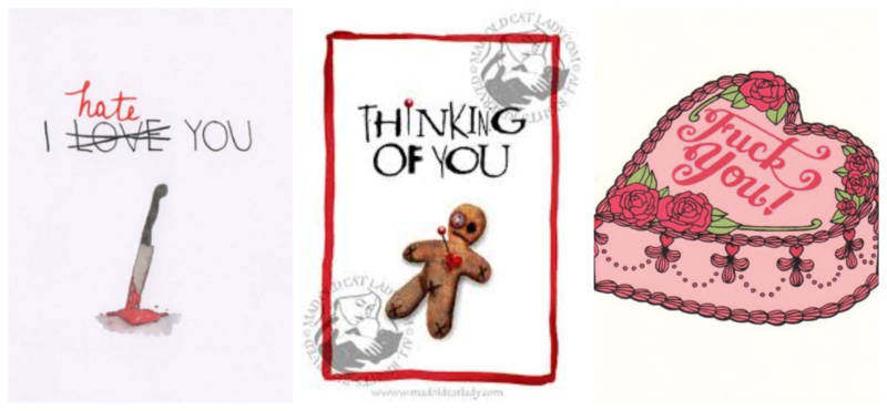 Cards available on Etsy from: Subversive Cards (left), Mad Old Cat Lady (center), Betty Turbo (right).