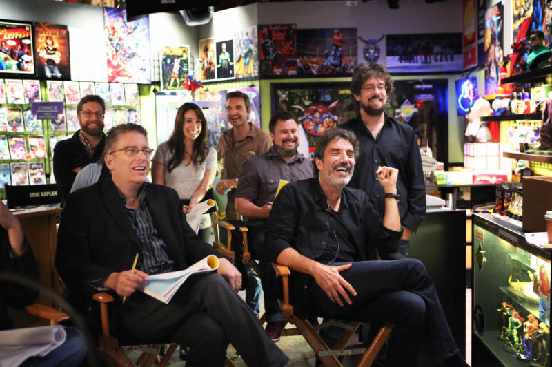 Bill Prady, front left, and Chuck Lorre, front right, are the co-creators of 'The Big Bang Theory.'