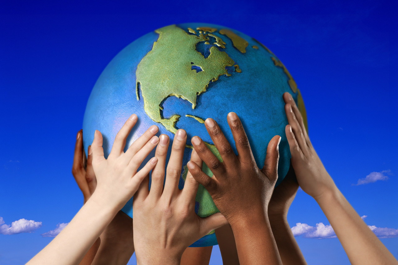 Image result for several hands holding the world for earth day