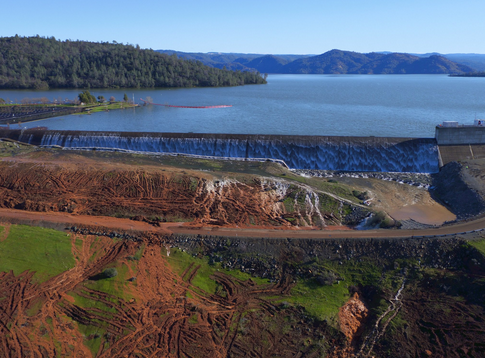 Oroville's emergency spillway as the lake level topped it in February.