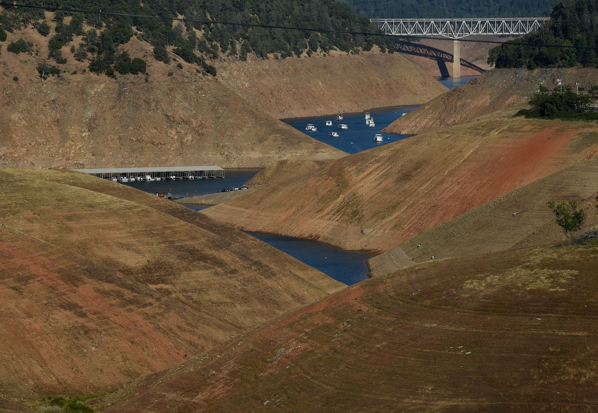 Lake Oroville, reduced to a relative puddle in 2015. This year it overflowed. Reservoir levels are one of more than 100 indicators considered by the U.S. Drought Monitor.