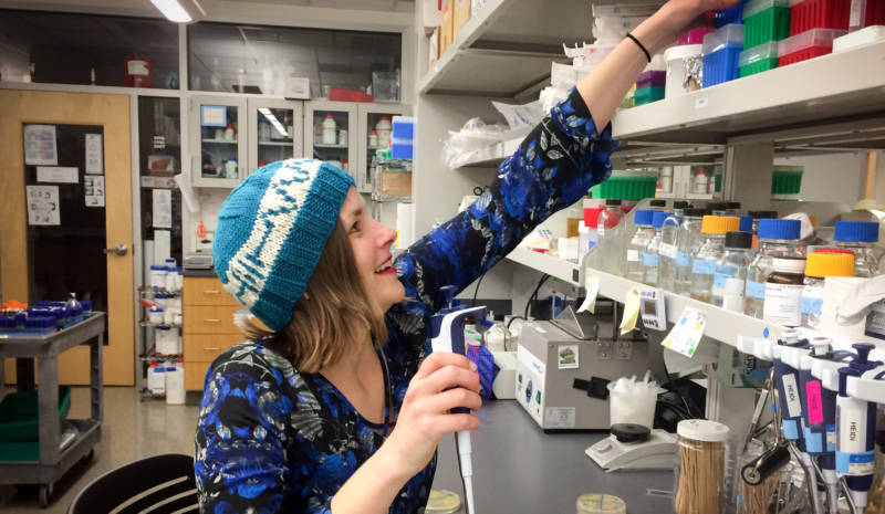 Microbiologist Heidi Arjes in a lab at Stanford University wearing her turquoise resistor hat.