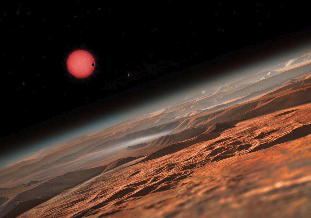 Artist concept of a planet in the TRAPPIST-1 system, three of which have the potential to support liquid water. 