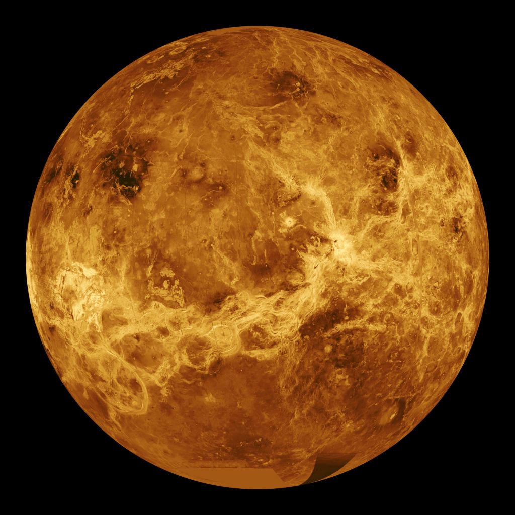 A global radar map of Venus from NASA's Magellan spacecraft. Radar penetrates Venus' thick atmosphere and cloud layers to reveal the volcanic topography of Venus' surface. 