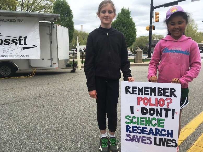 Mary Connell (left), 9, and Mia Coriolan, 9, at the March for Science in Pittsburgh, Pennsylvania.