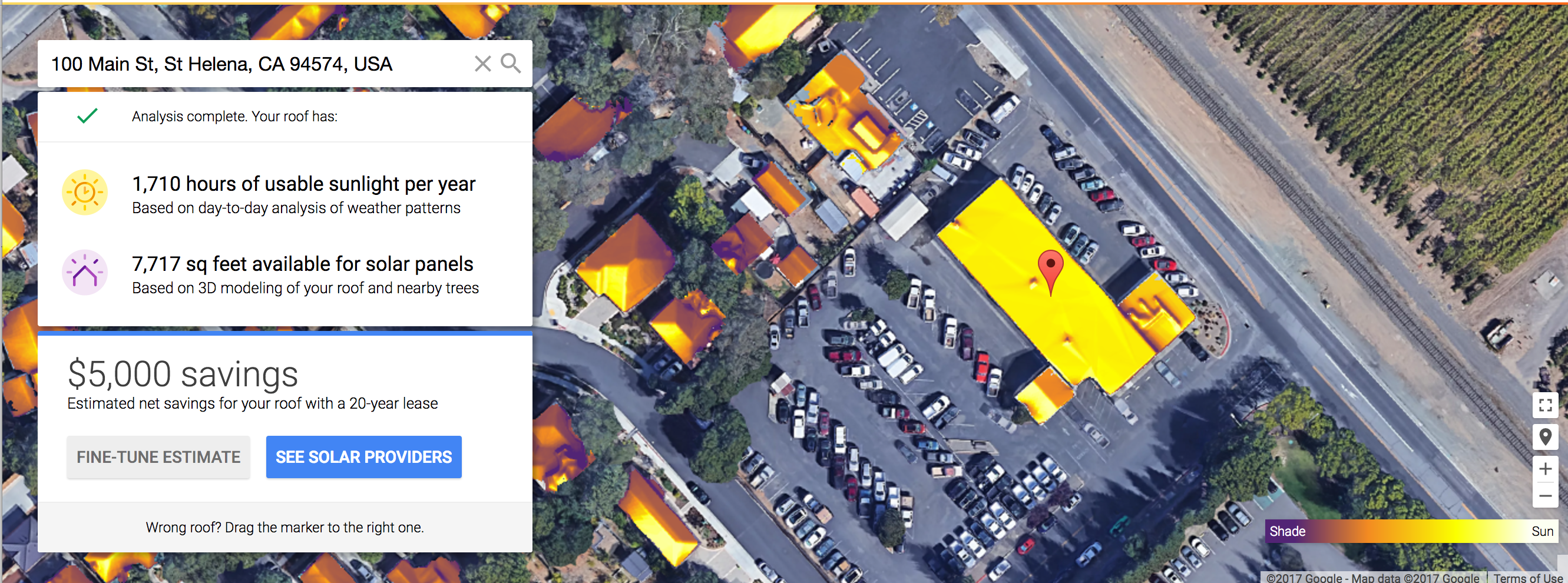 An screenshot from Project Sunroof, which estimates the solar potential on individual roofs.