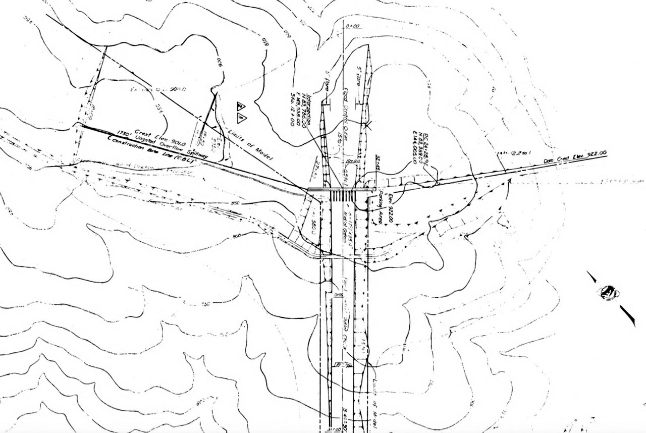 Detail from original drawings for Oroville Dam and spillways. The emergency spillway is shown to the left as the "1750' ungated overflow spillway."