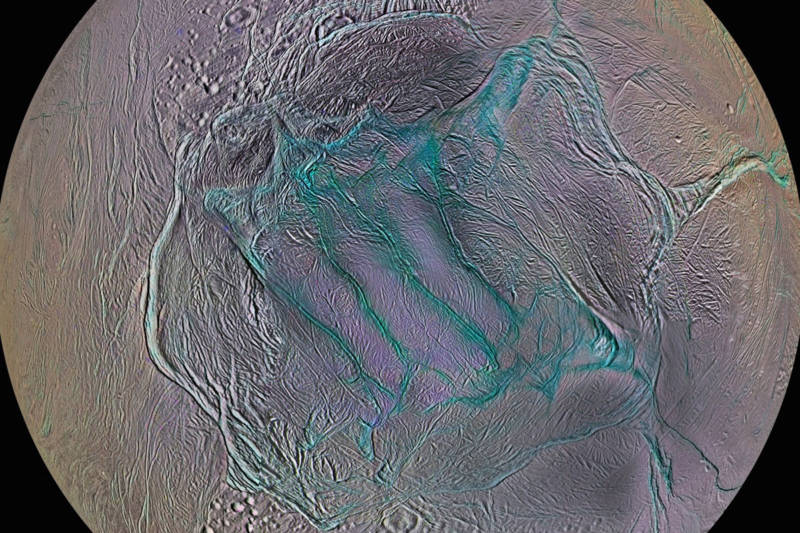 Long, deep crevasses at Enceladus' southern polar region--dubbed "Tiger Stripes"--are the site where water vapor plumes erupt through the moon's icy crust.