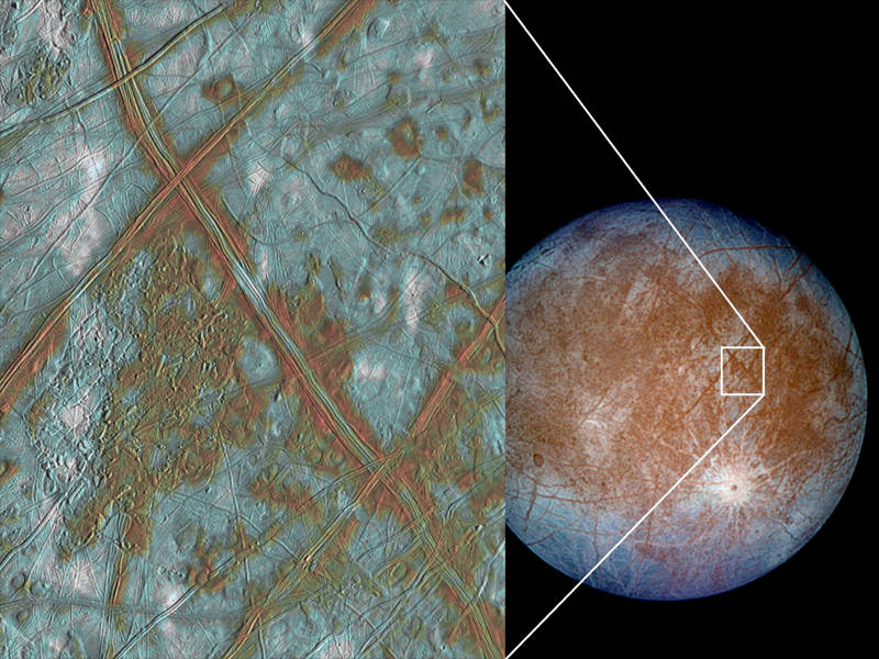 Fractures and lines in Europa's icy surface, one of the first pieces of evidence for the existence of the moon's ocean hidden beneath.