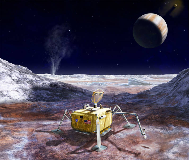 Artist concept of a possible future landing mission to the surface of Jupiter's ocean-bearing moon, Europa. 