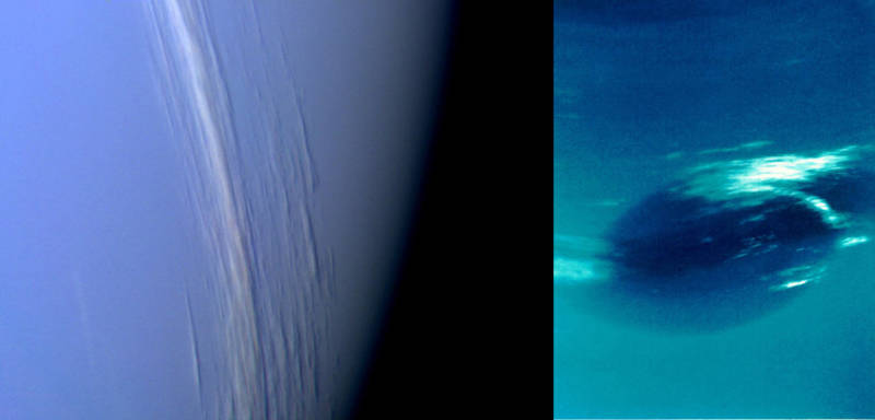 High clouds (left) and the mysterious storm system dubbed the "Great Dark Spot" (right) in Neptune's atmosphere, captured by Voyager 2 in 1989. 
