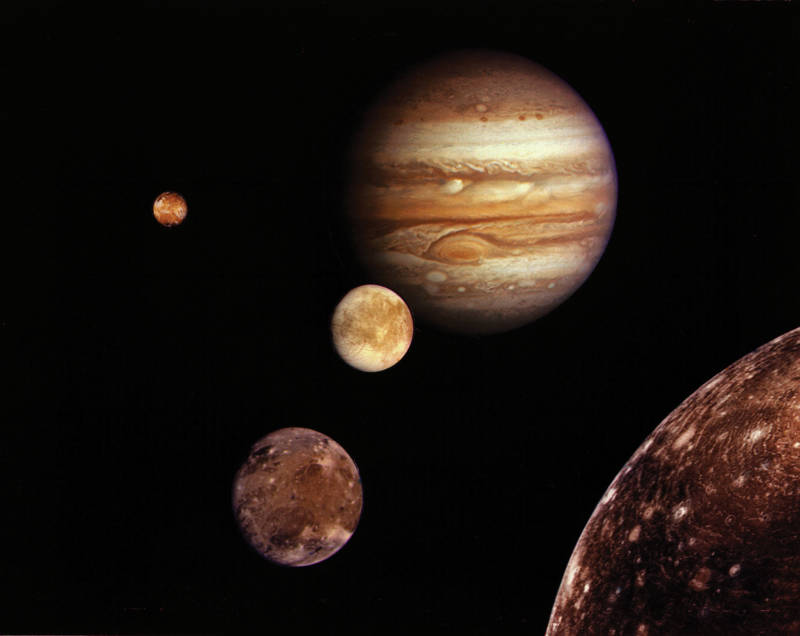 A montage of Jupiter and its four Galilean moons captured by Voyager 1 in 1979. 