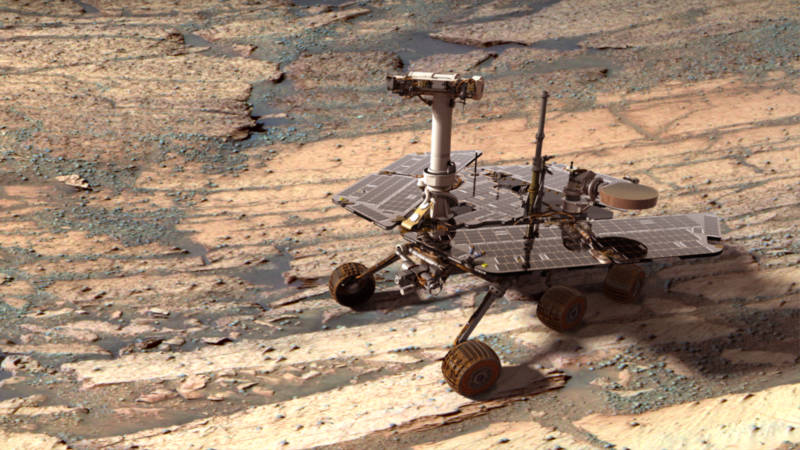 A digital recreation of NASA's Opportunity rover exploring Mars' Endurance Crater early in its mission. 