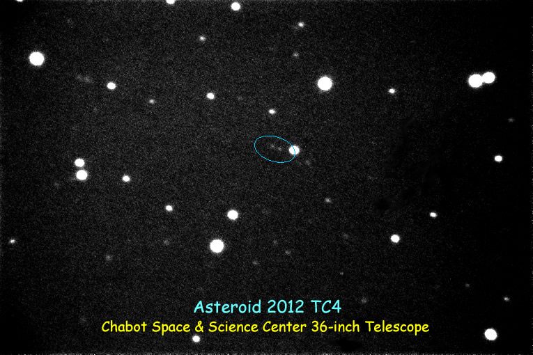Image of Near Earth Asteroid 2012 TC4 captured by Chabot Space & Science Center's 36-inch telescope on October 8, 2017. The pair of faint dots at center are the asteroid at two slightly different times, when it was about a million miles from Earth. 