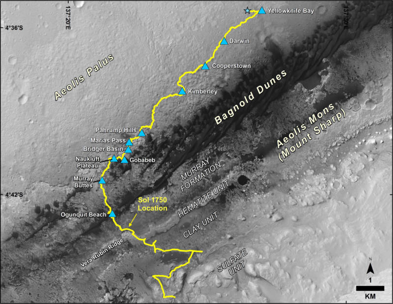 A map of the path the Curiosity rover has traversed since landing in 2012 to its present location, Vera Rubin Ridge. The track extends beyond this point, projecting the continuing uphill route NASA plans to send the rover. 