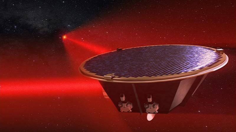 Artist concept of one of the three LISA spacecraft elements, with its two laser "arms" shown extending to the other two spacecraft, millions of miles away.